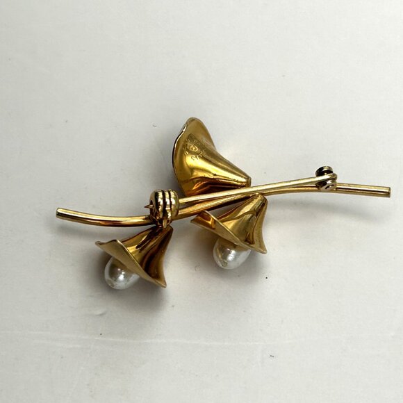 Vintage Beau Sterling Calla Lily Brooch Gold Vermeil Faux Pearl Flower Pin - Picture 6 of 10